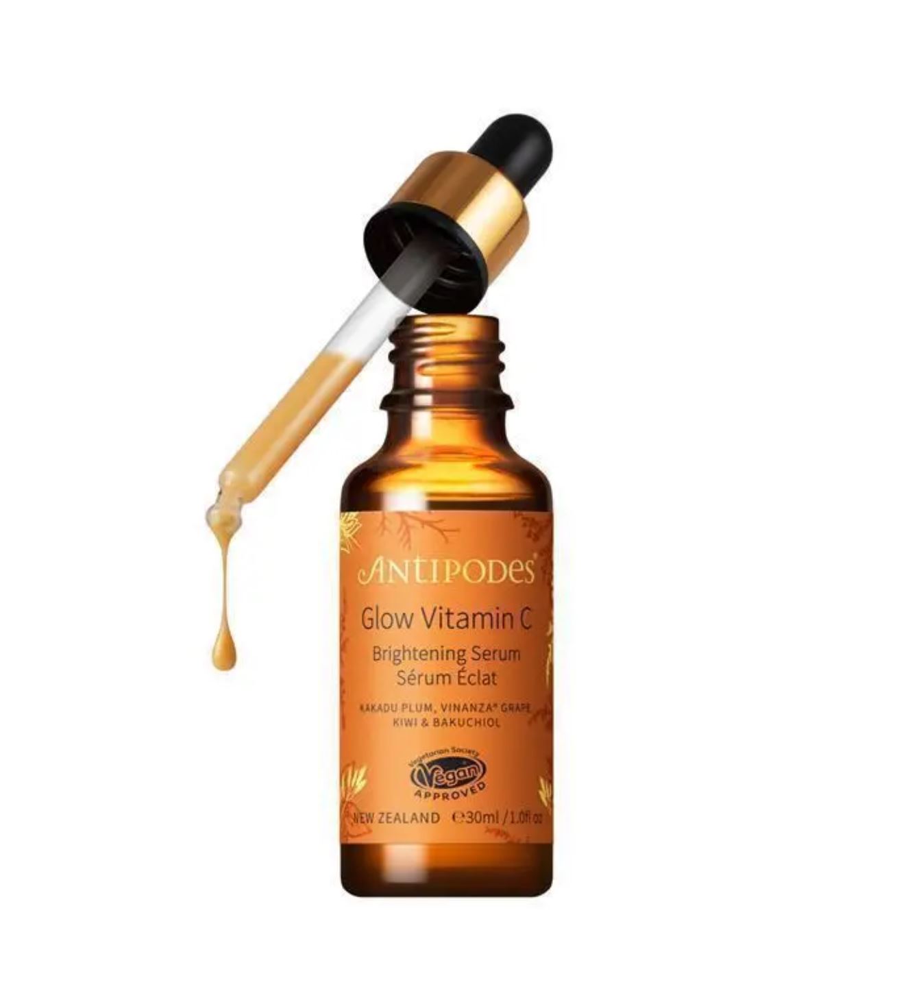 Antepodes Glow Vitamin C serum bottle with dropper on a white background