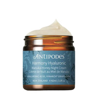Antipodes Harmony Hyaluronic Manuka Honey Night Cream jar with cream on top on a white background