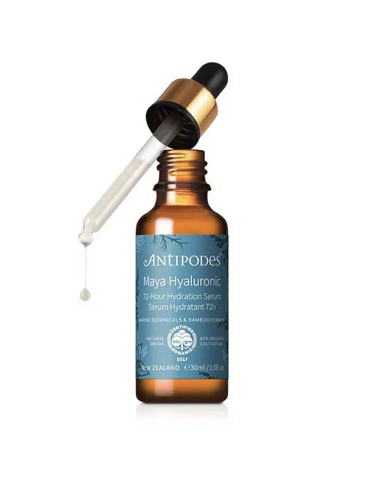 Antipodes Maya Hyaluronic serum bottle with dropper on a white background