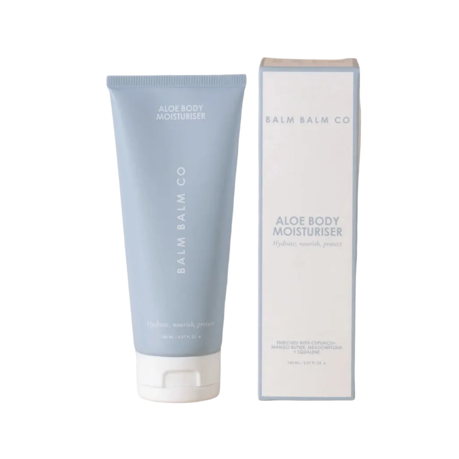 Balm Balm Co aloe body moisturizer tube and packaging on a white background