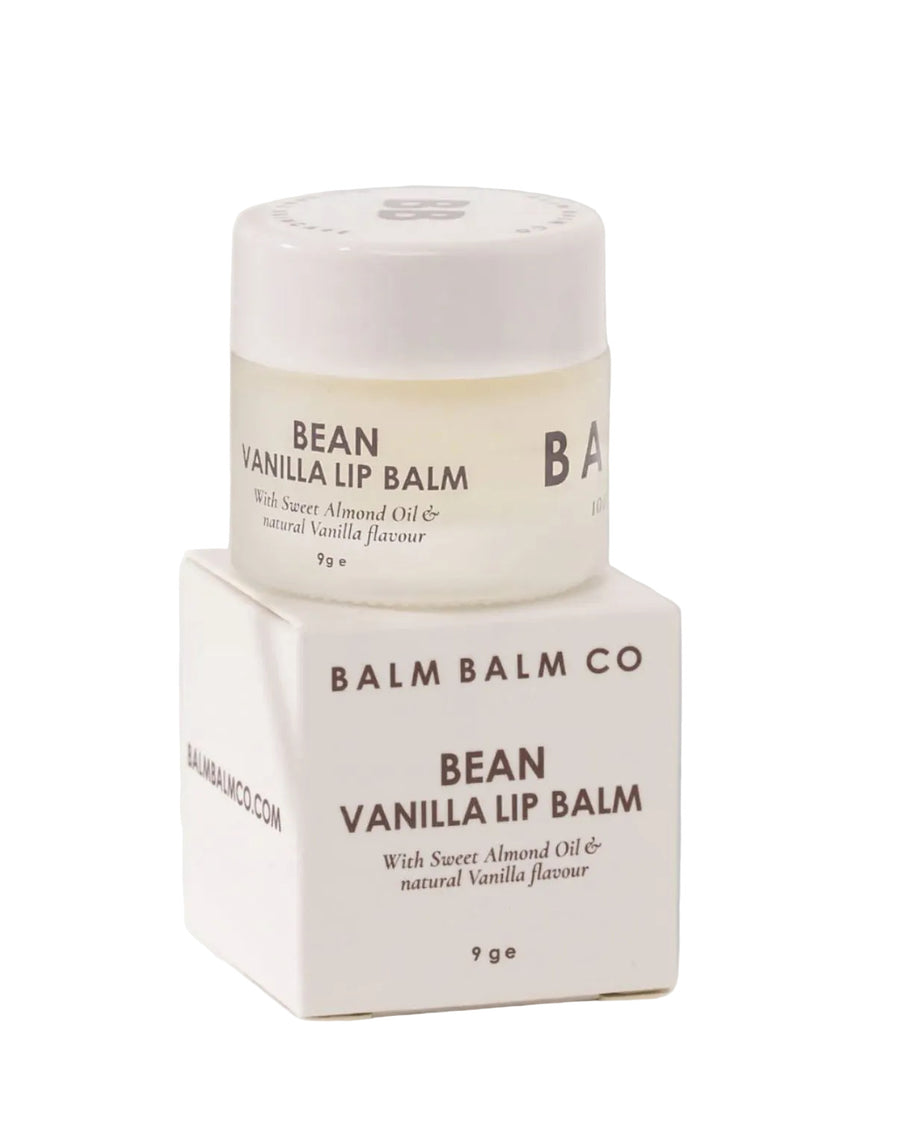 Bean Vanilla Lip Balm with packaging on a white background