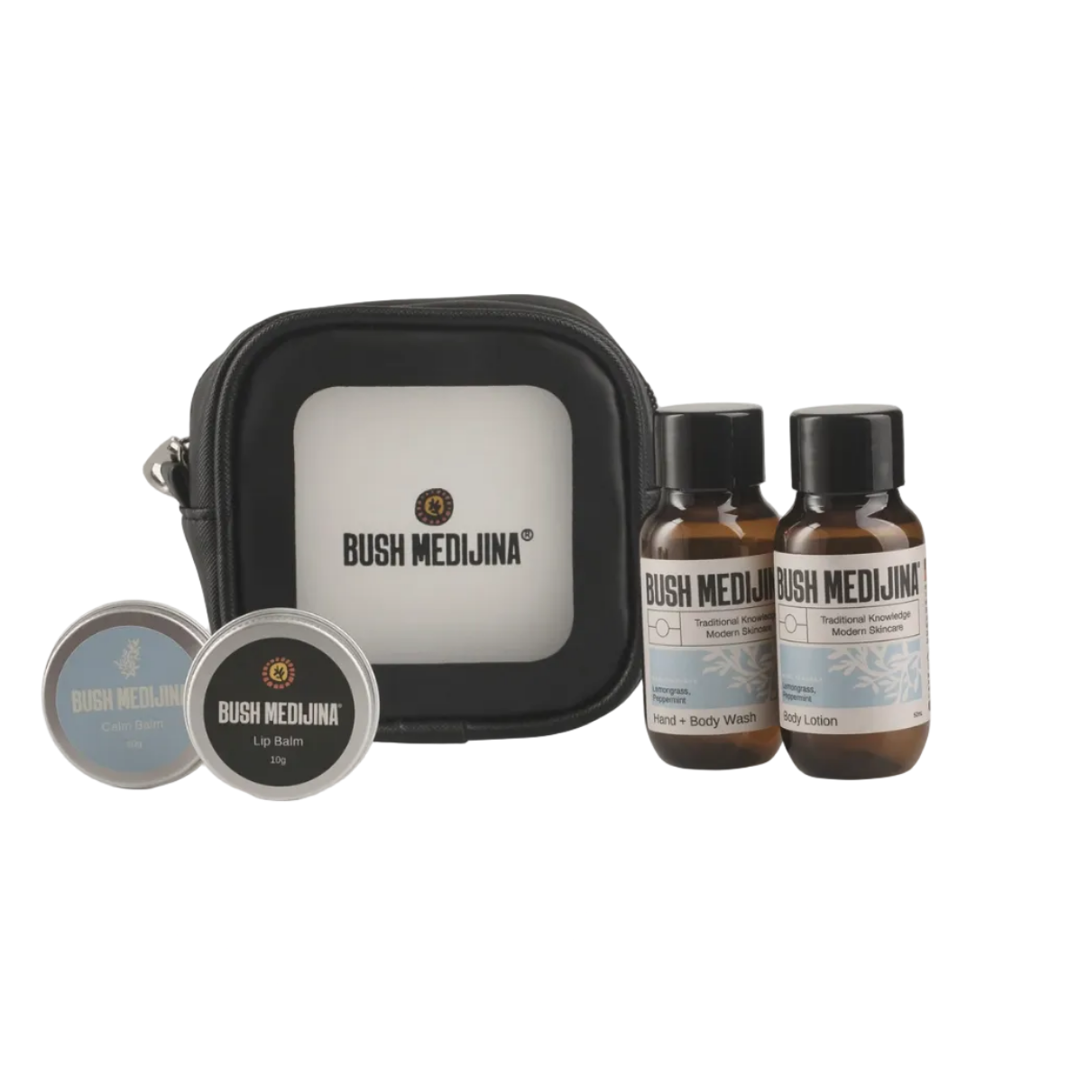 Bush Medjina skincare and grooming products including a black pouch, bottles, and containers on a white background.