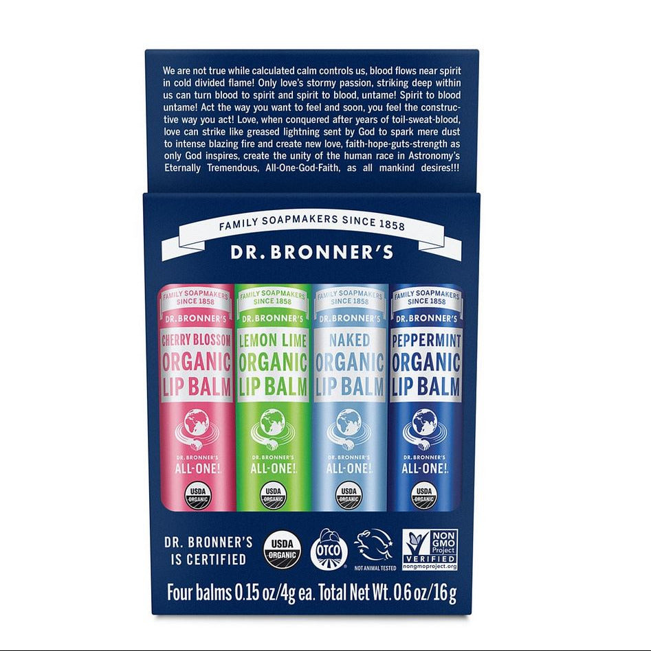 Dr. Bronner's lip balm set with four different flavors in a blue packaging on a white background.