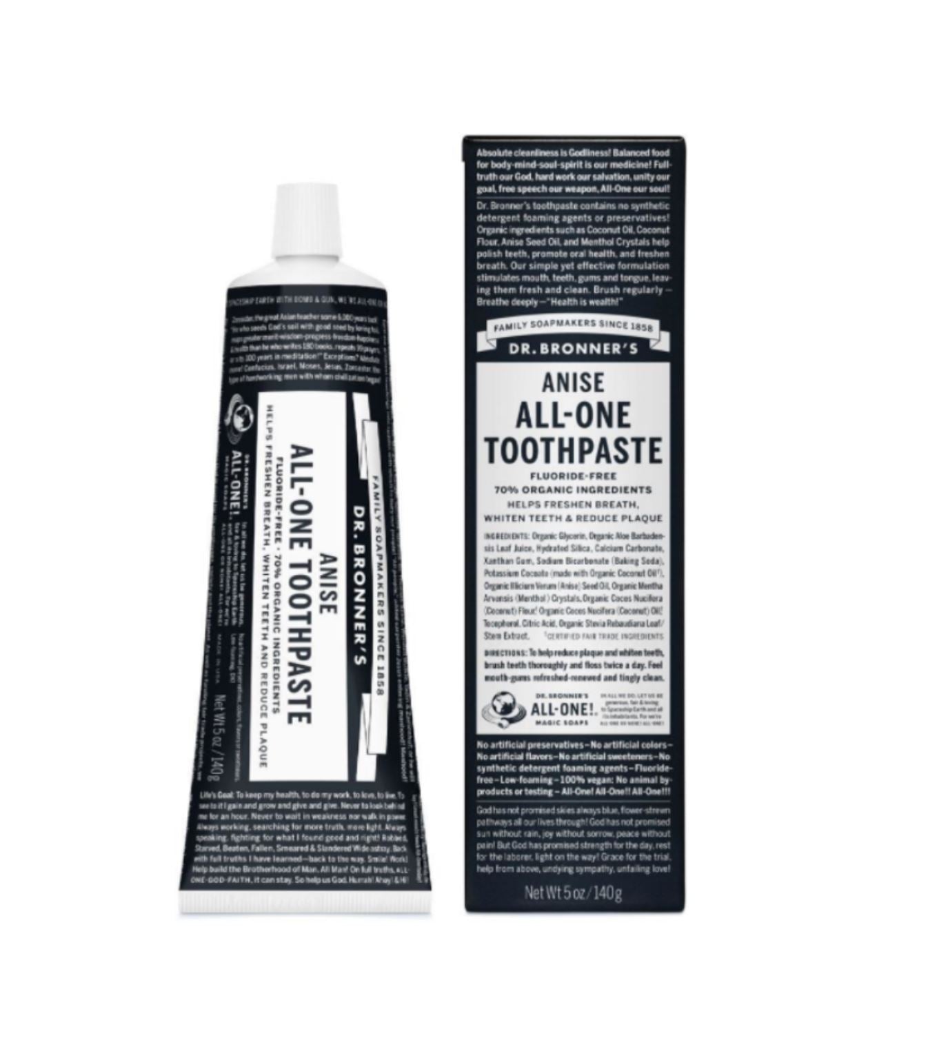 Dr. Bronner's Anise All-One Toothpaste tube and packaging on a white background