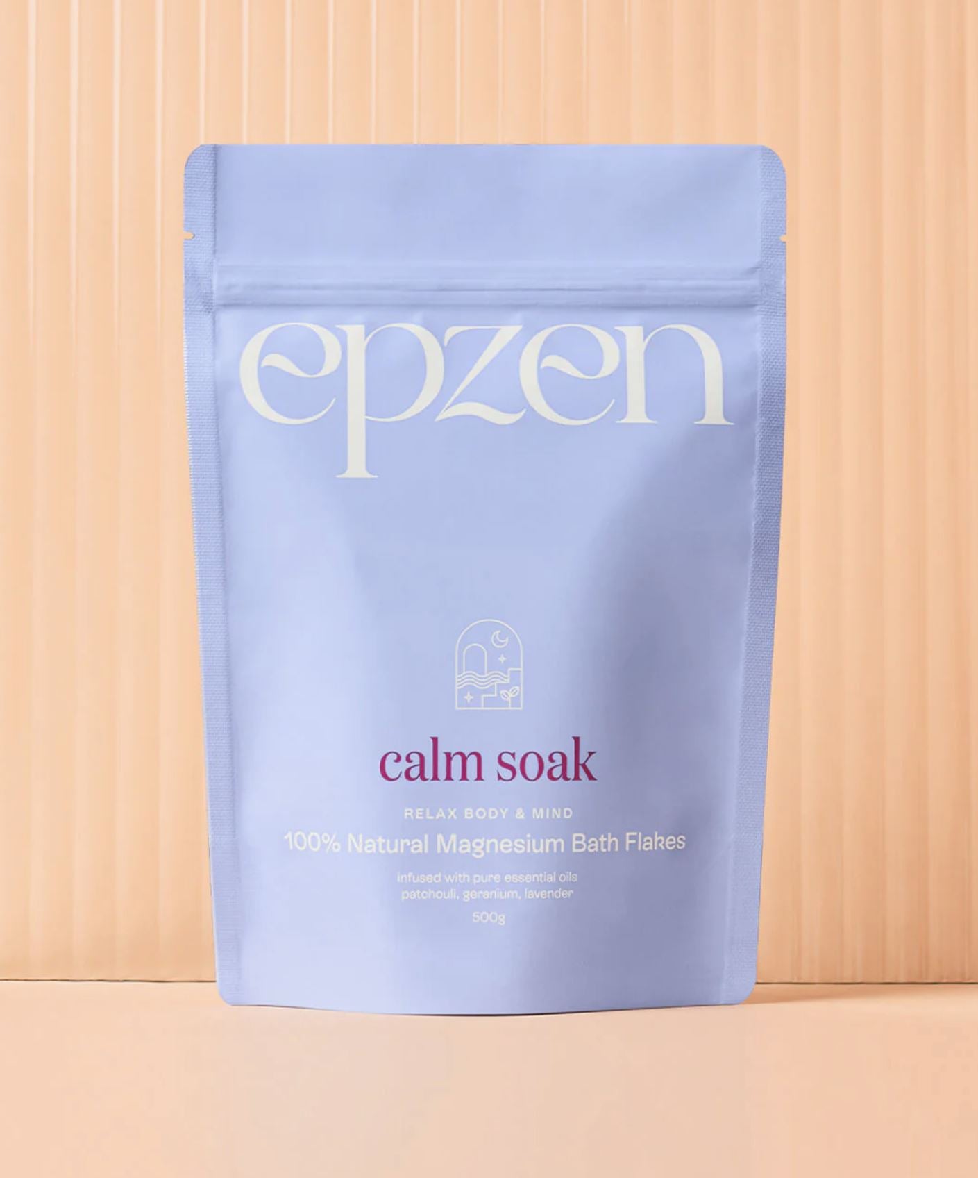 Epzen calm soak package on a beige background