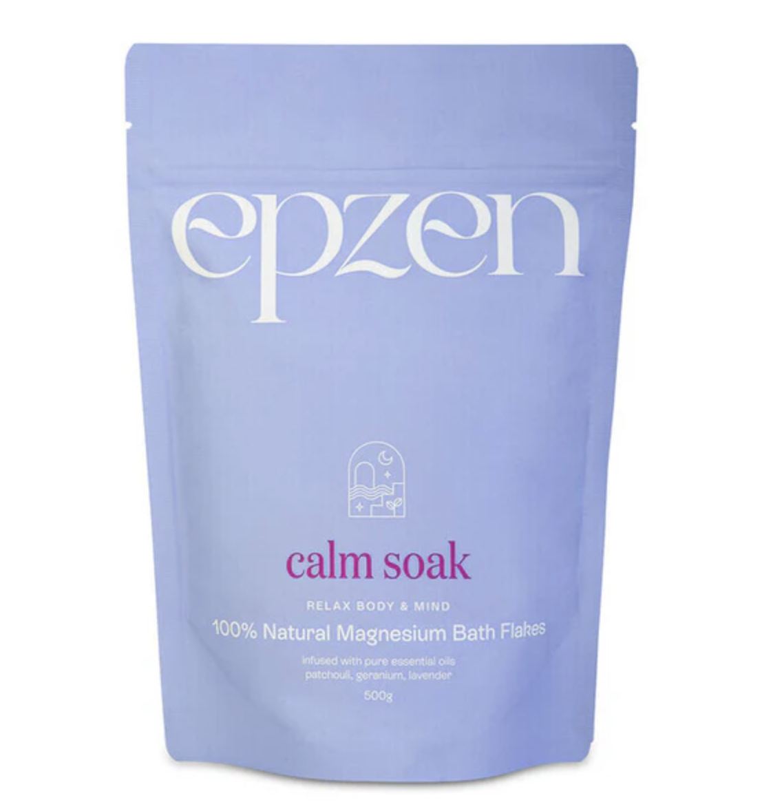 Purple package of epzen calm soak with text on a white background