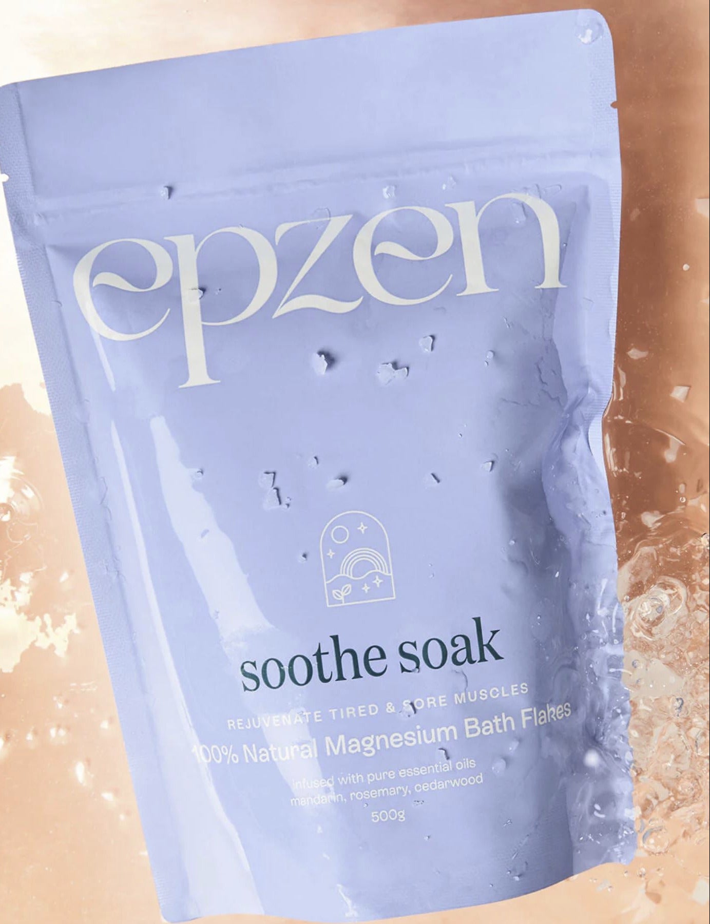 Epzen soothe soak bath flake package on a beige background