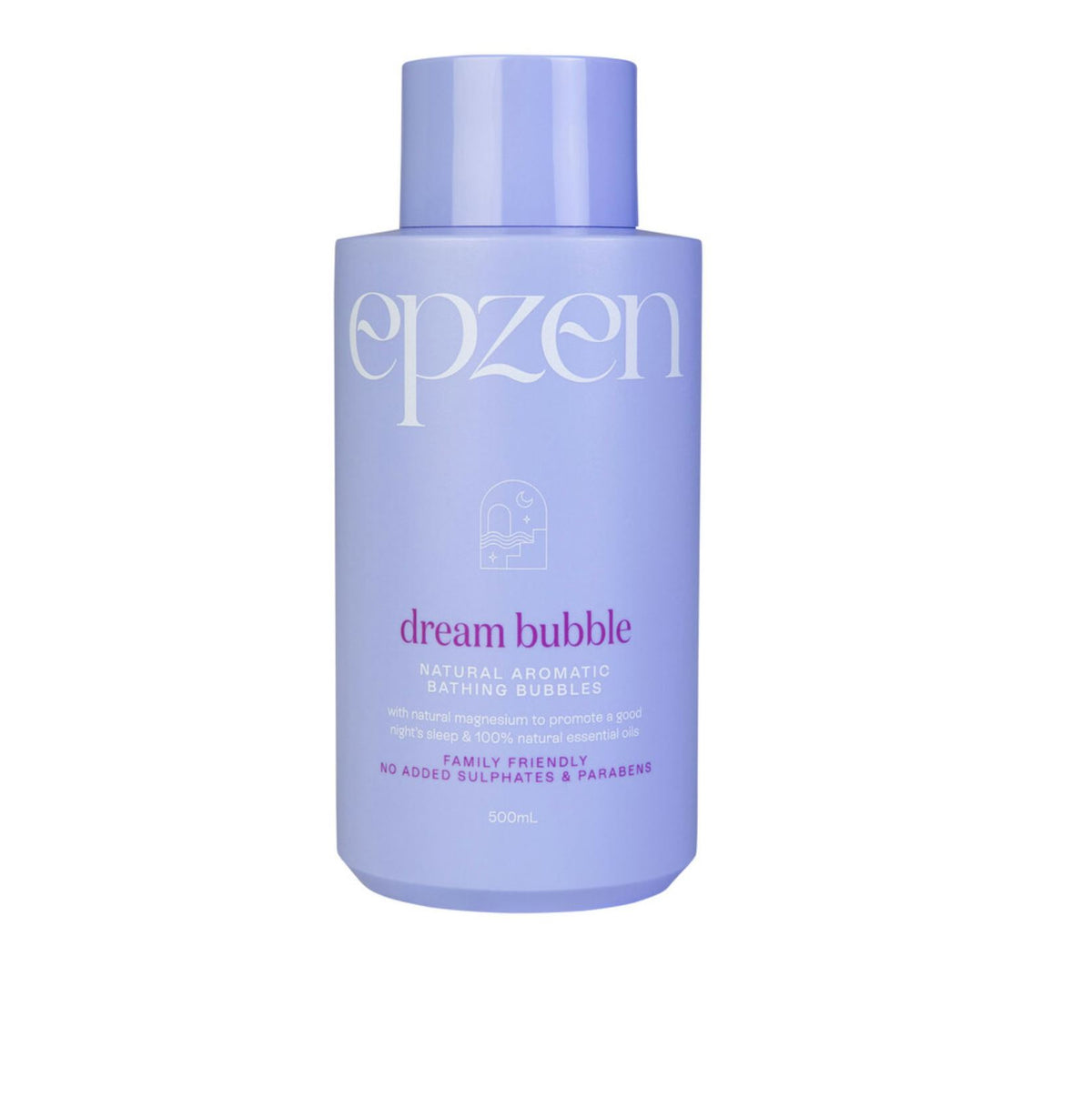 Purple bottle of epzen dream bubble on a white background