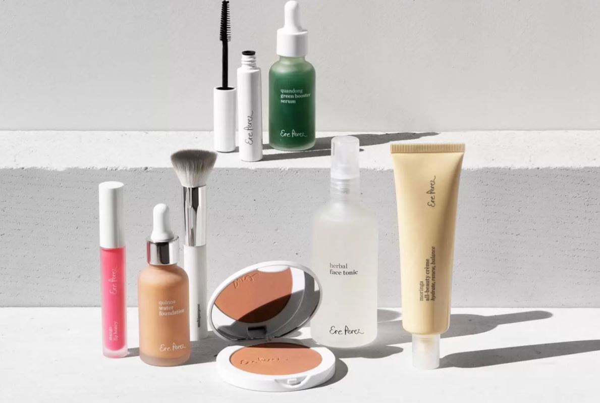 Collection of skincare and makeup products on a light gray background