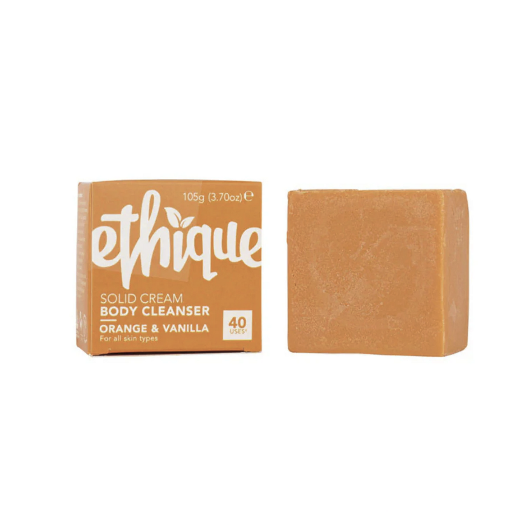 Ethique solid cream body cleanser with packaging on a white background