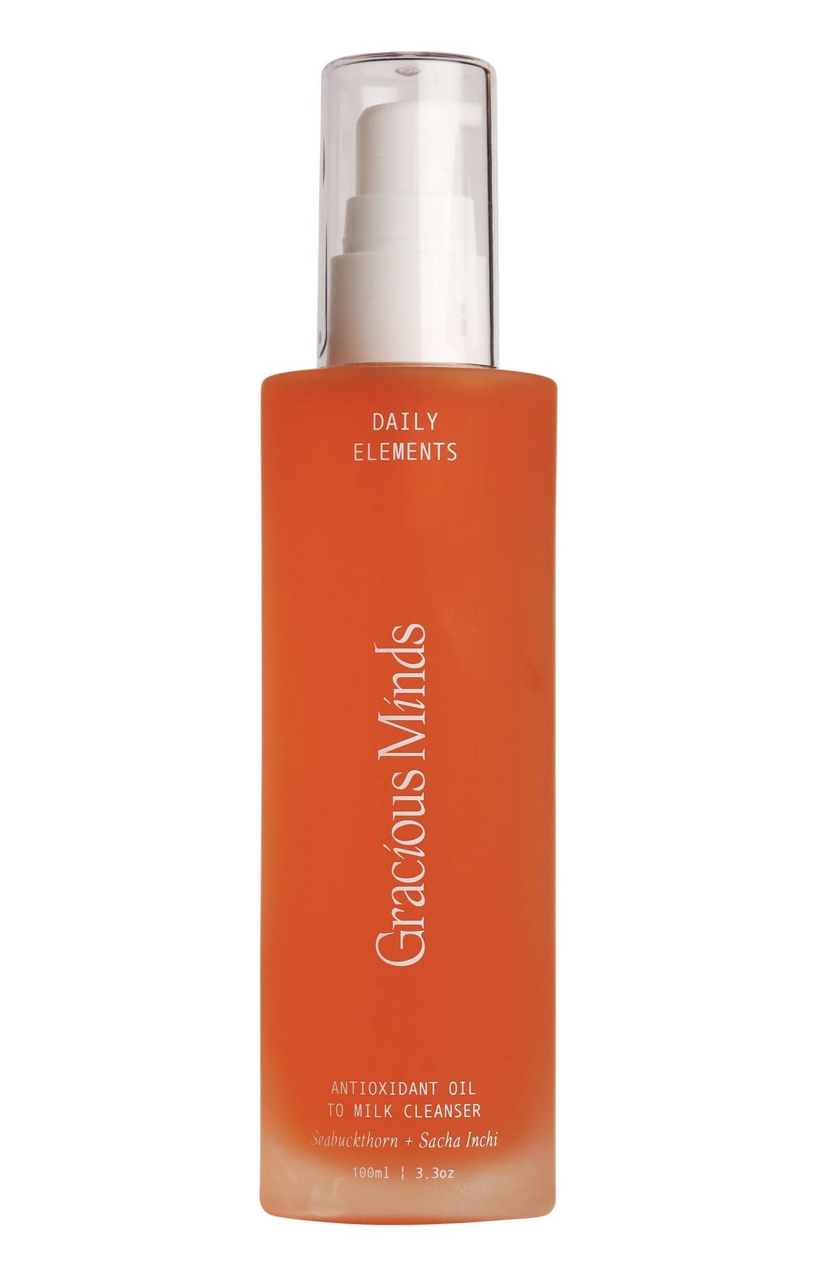 Orange bottle of 'Gracious Minds' cleanser on a white background