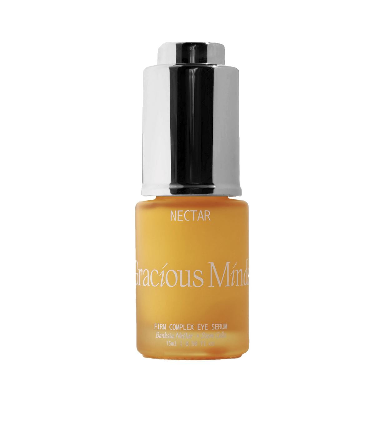Eye serum bottle labeled 'Gracious Minds' on a white background