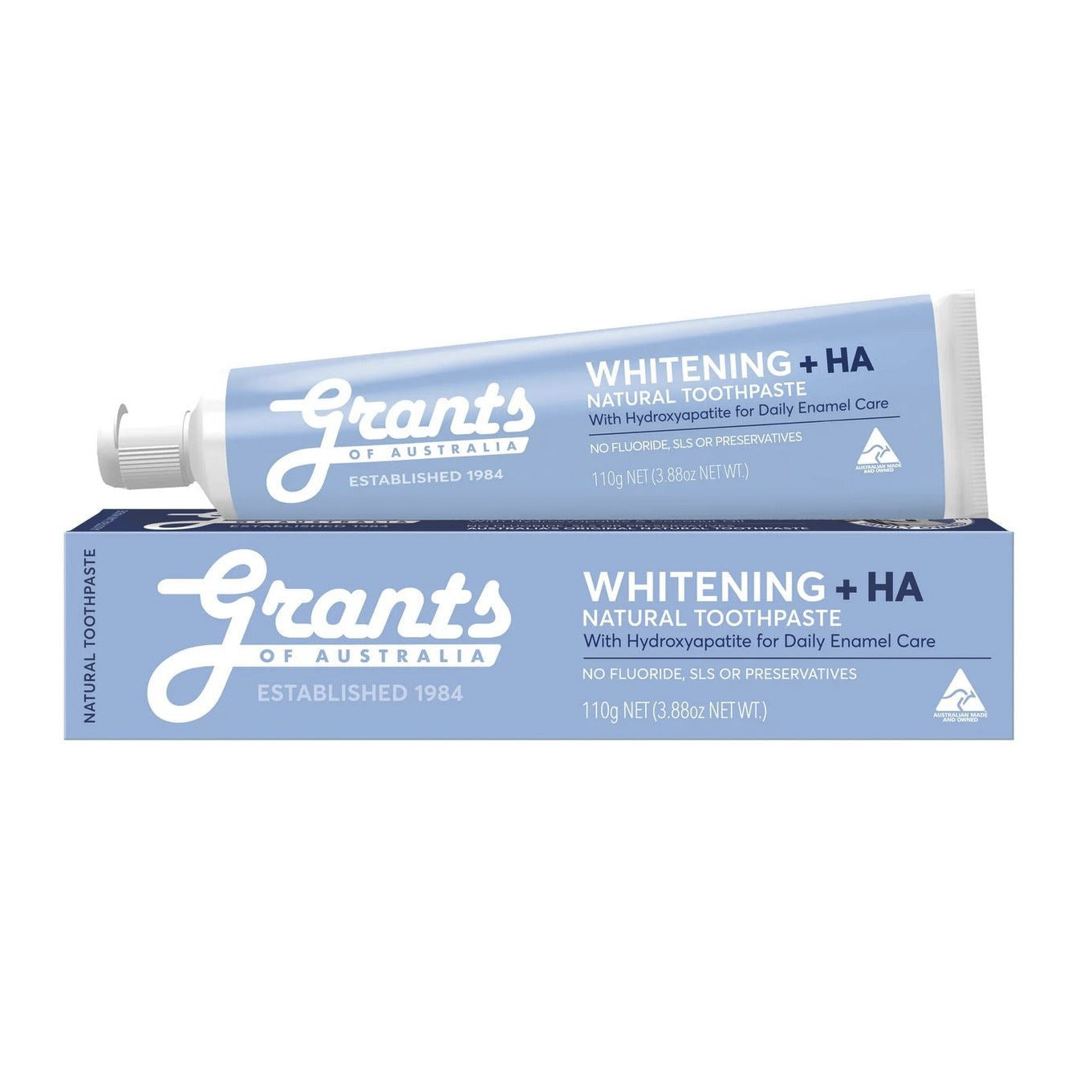 Grant's Whitening + HA Natural Toothpaste tube and packaging on a white background