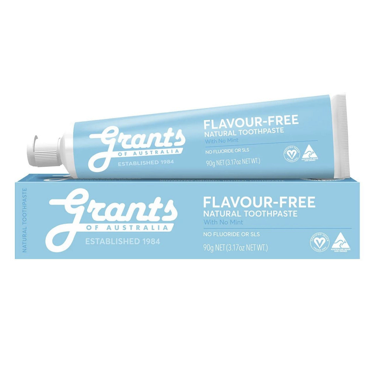 Two tubes of Grants flavour-free natural toothpaste on a white background