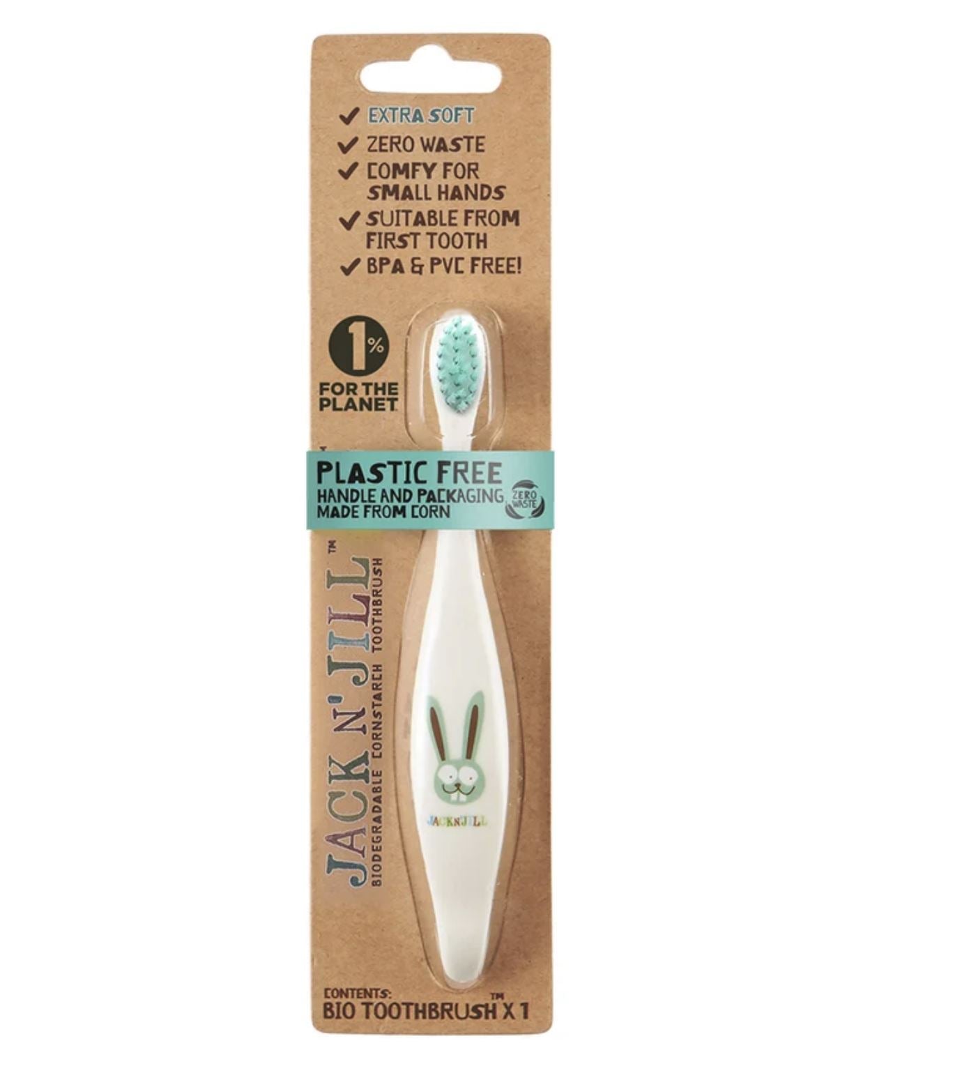 Jack N' Jill bio toothbrush in packaging with text on a white background