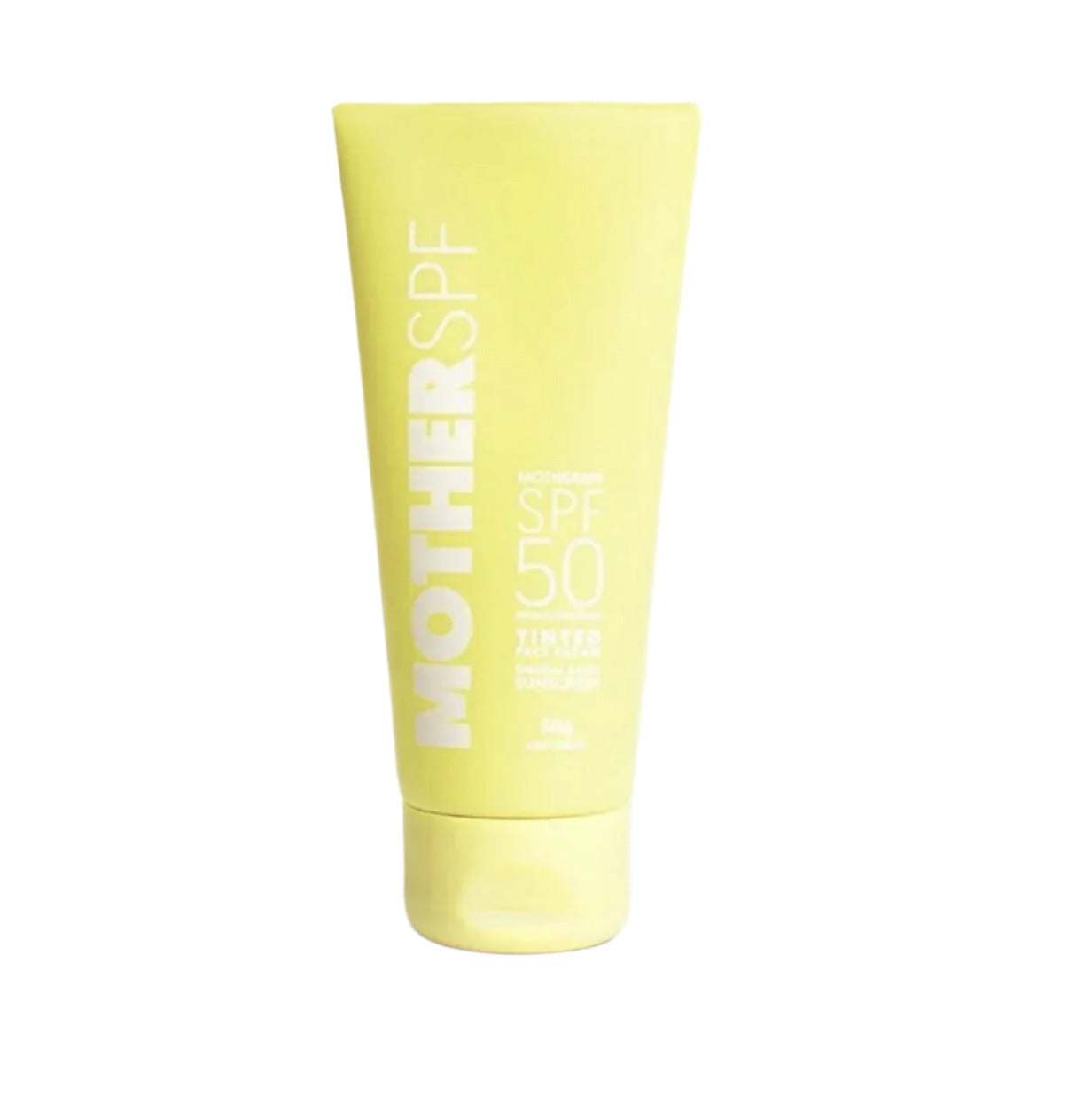Yellow sunscreen tube labeled 'MOTHER SPF' on a white background