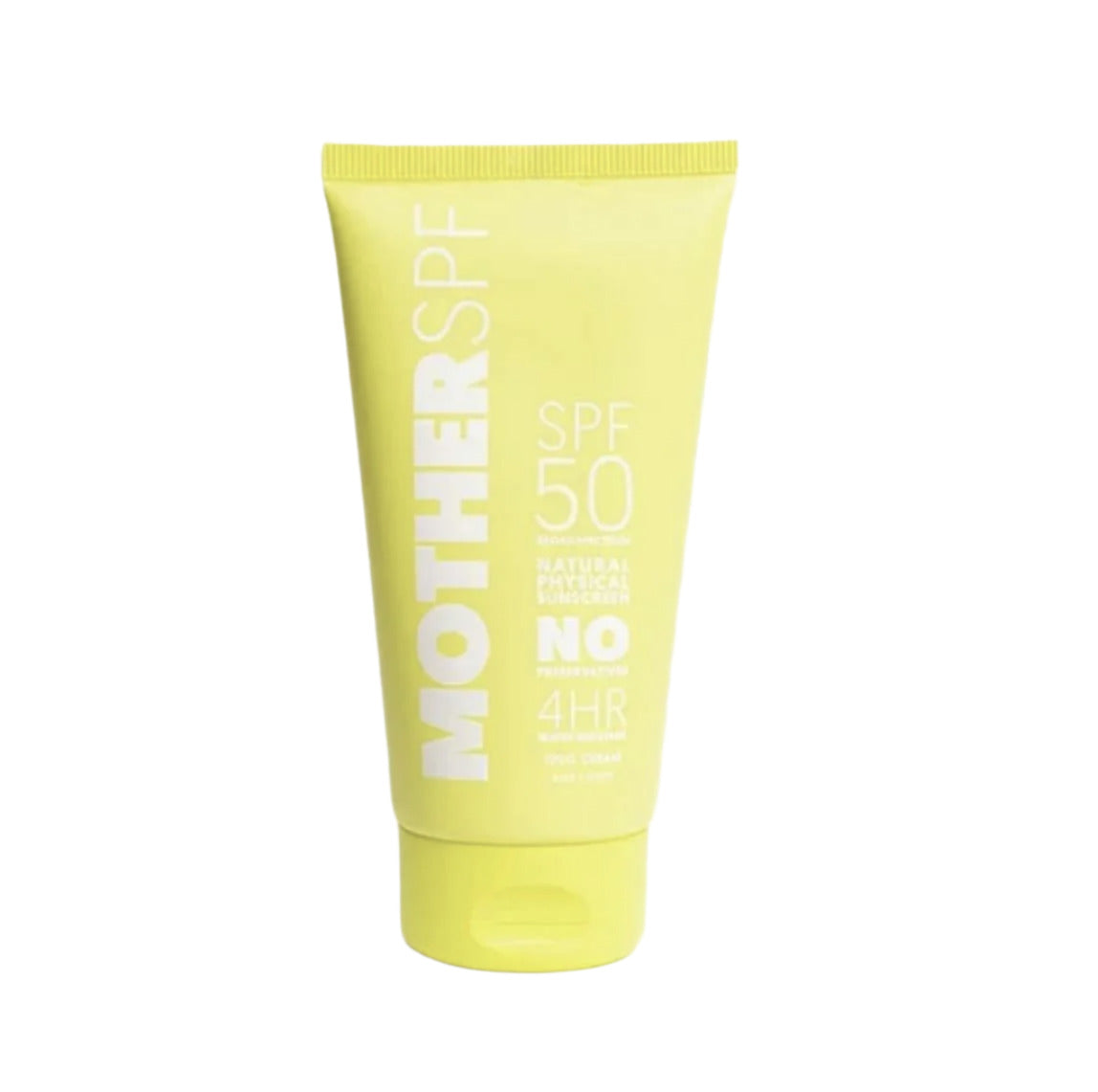Yellow sunscreen tube labeled 'Mother SPF' on a white background