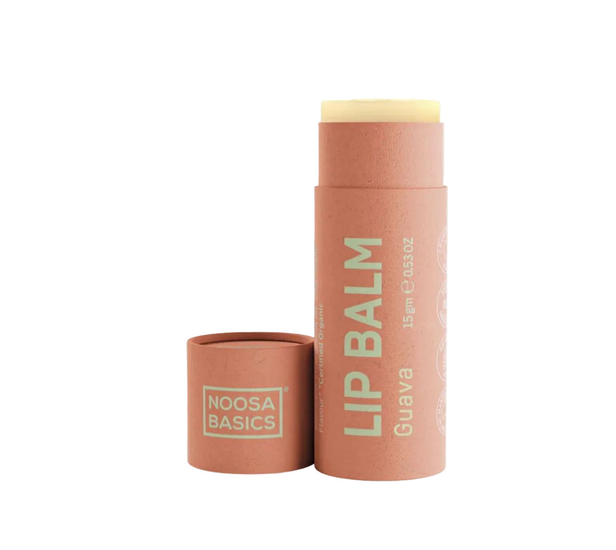 Lip balm with 'Noosa Basics' branding on a white background