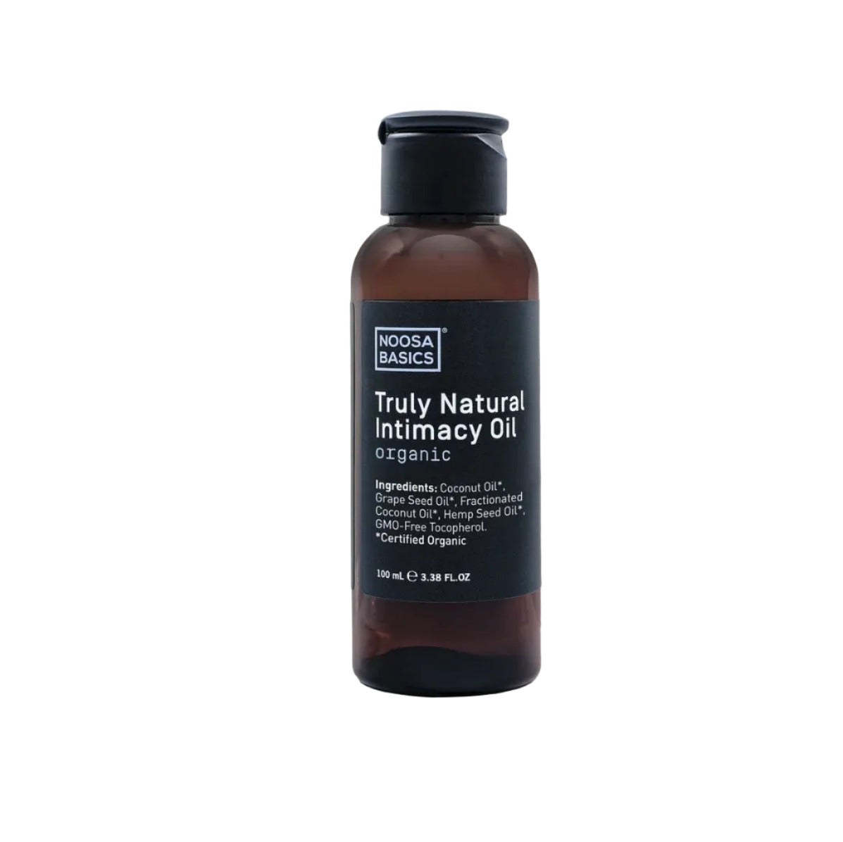 Bottle of Noosa Basics Truly Natural Intimacy Oil on a light gray background