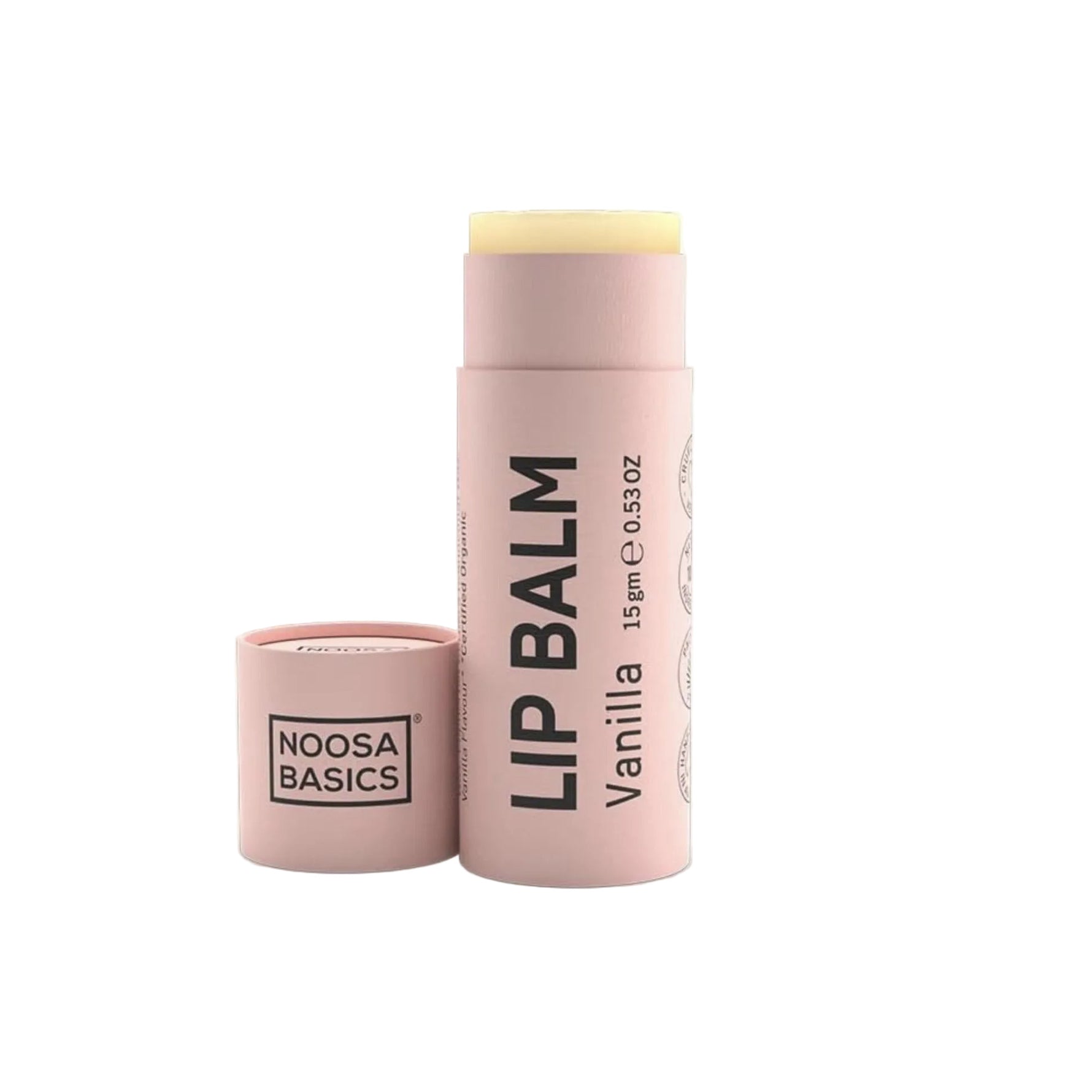 Pink lip balm with 'Noosa Basics' branding on a white background