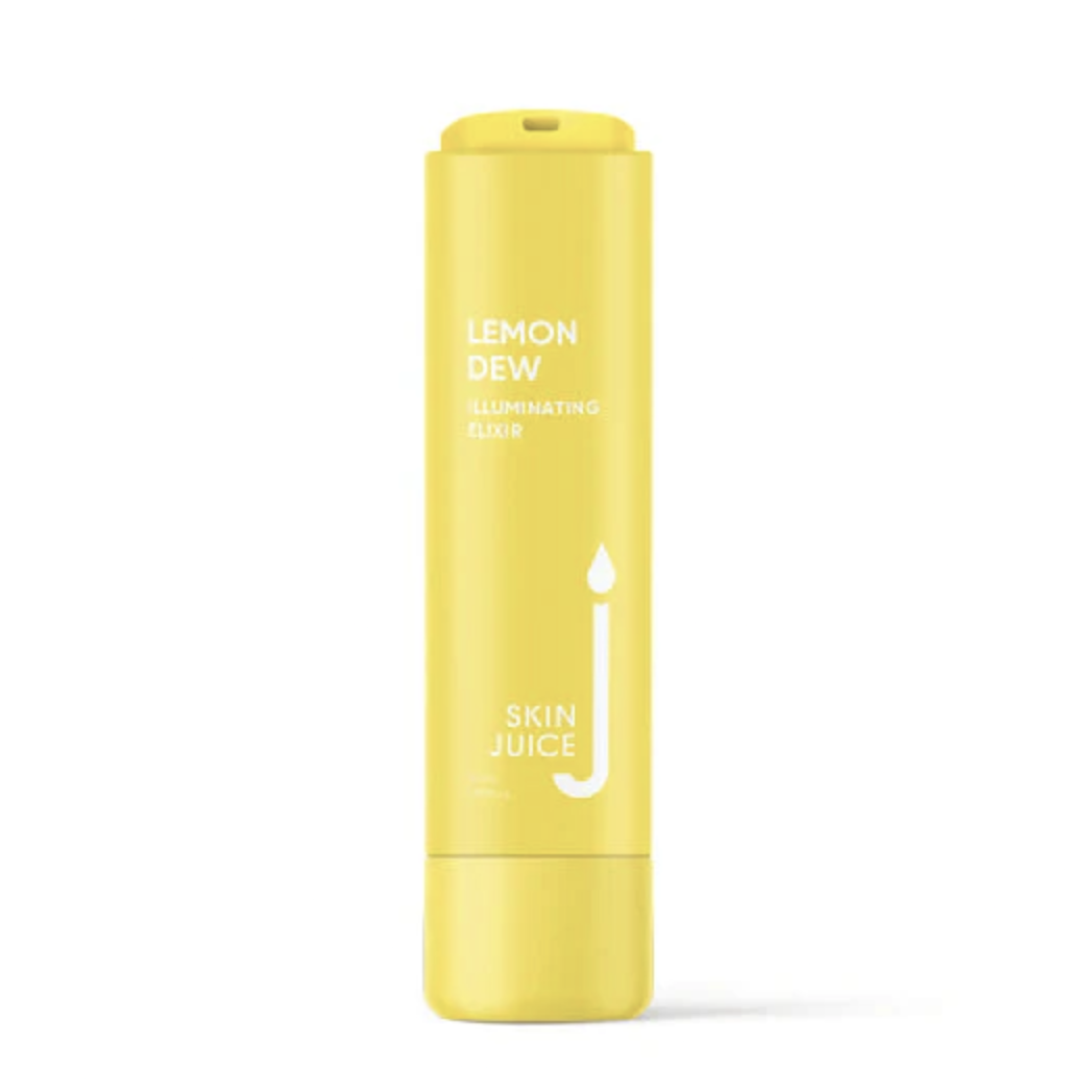 Yellow skincare product labeled 'Lemon Dew' by 'Skin Juice' on a white background