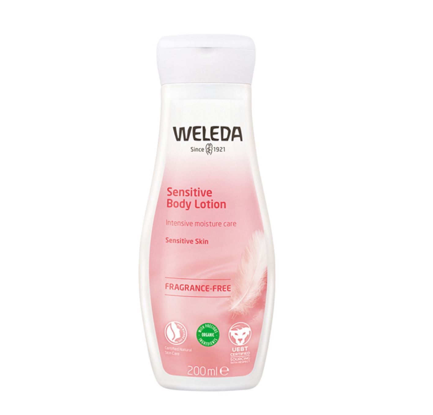 Weleda sensitive body lotion bottle on a white background
