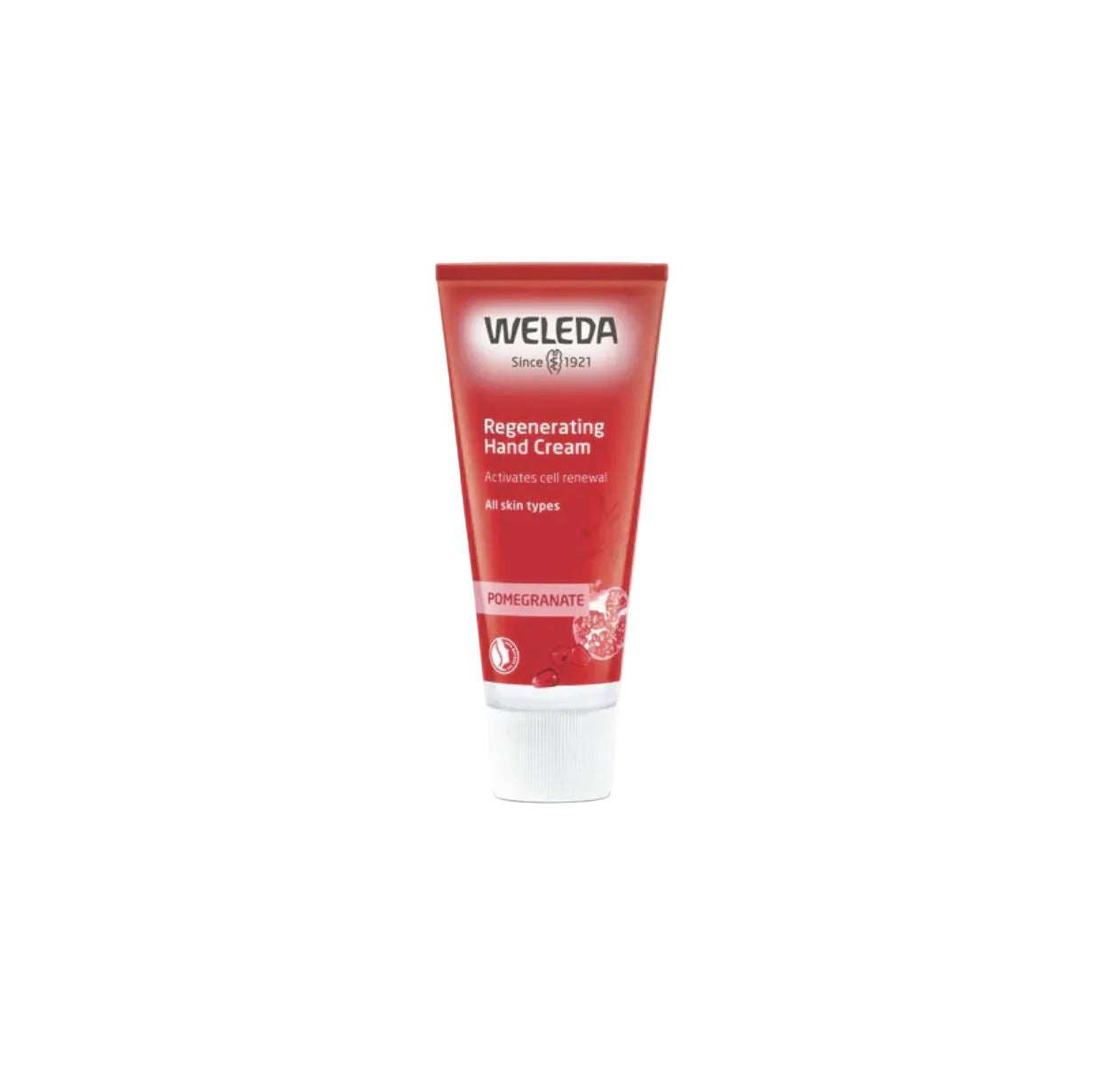 Weleda regenerating hand cream tube on a white background