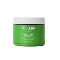 Green jar of Weleda Skin Food Body Butter on a white background
