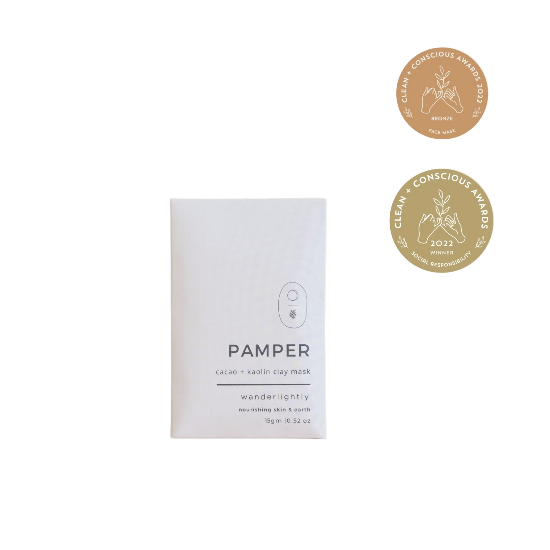 Pamper clay mask packaging with gold certification badges on a white background