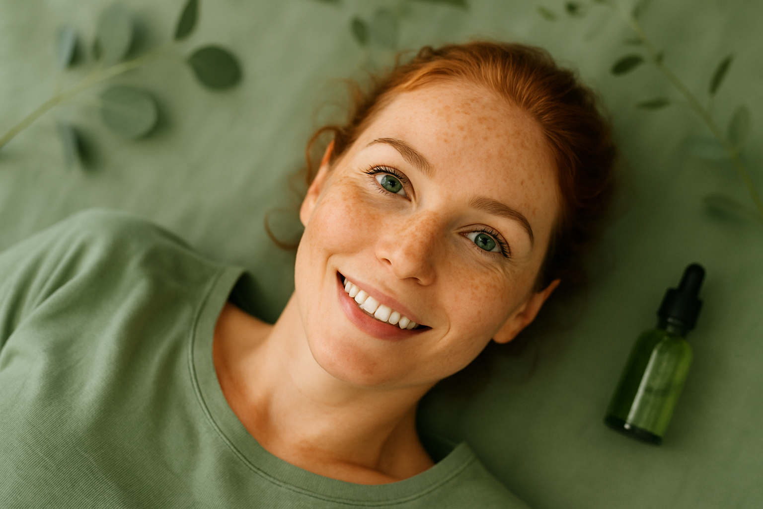 I need woman that doesnt look tired, white, in her 30s, green clothing maybe laying on her back with visible face with pigmentation like freckles 