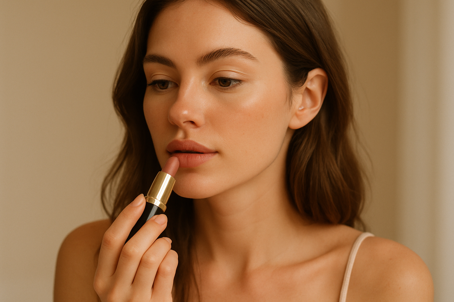 lipstick, natural, application young female 