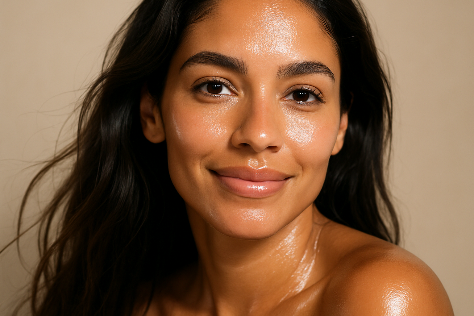 youtful looking woman, darker skin, longer hair, of spenish background, hydration and hydrated skin